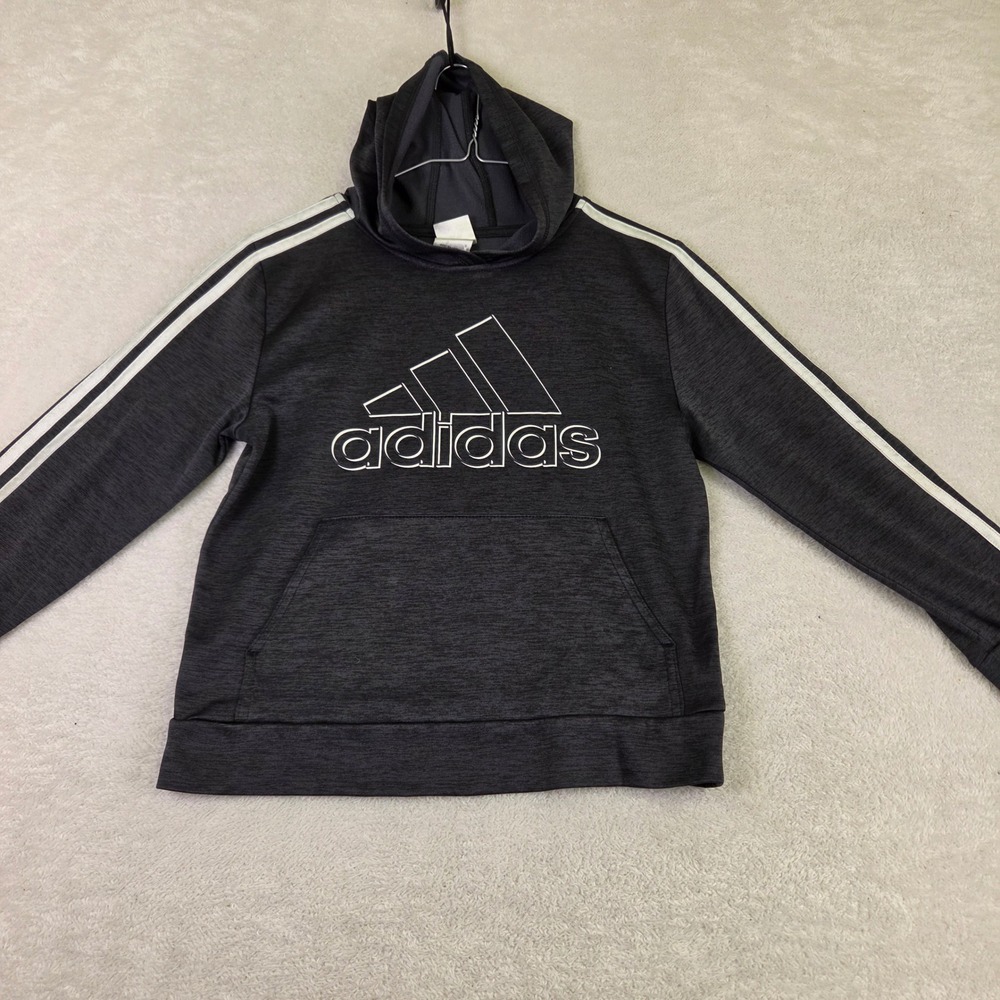 Adidas Boys Medium 10/12 Hoodie Charcoal Grey White Logo 3-Stripe Pullover 4512